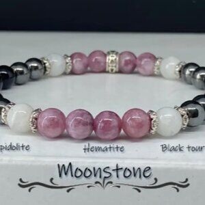 Unisex Luxurious Natural Stone Beaded Bracelet Lepidolite Hematite Tourmaline